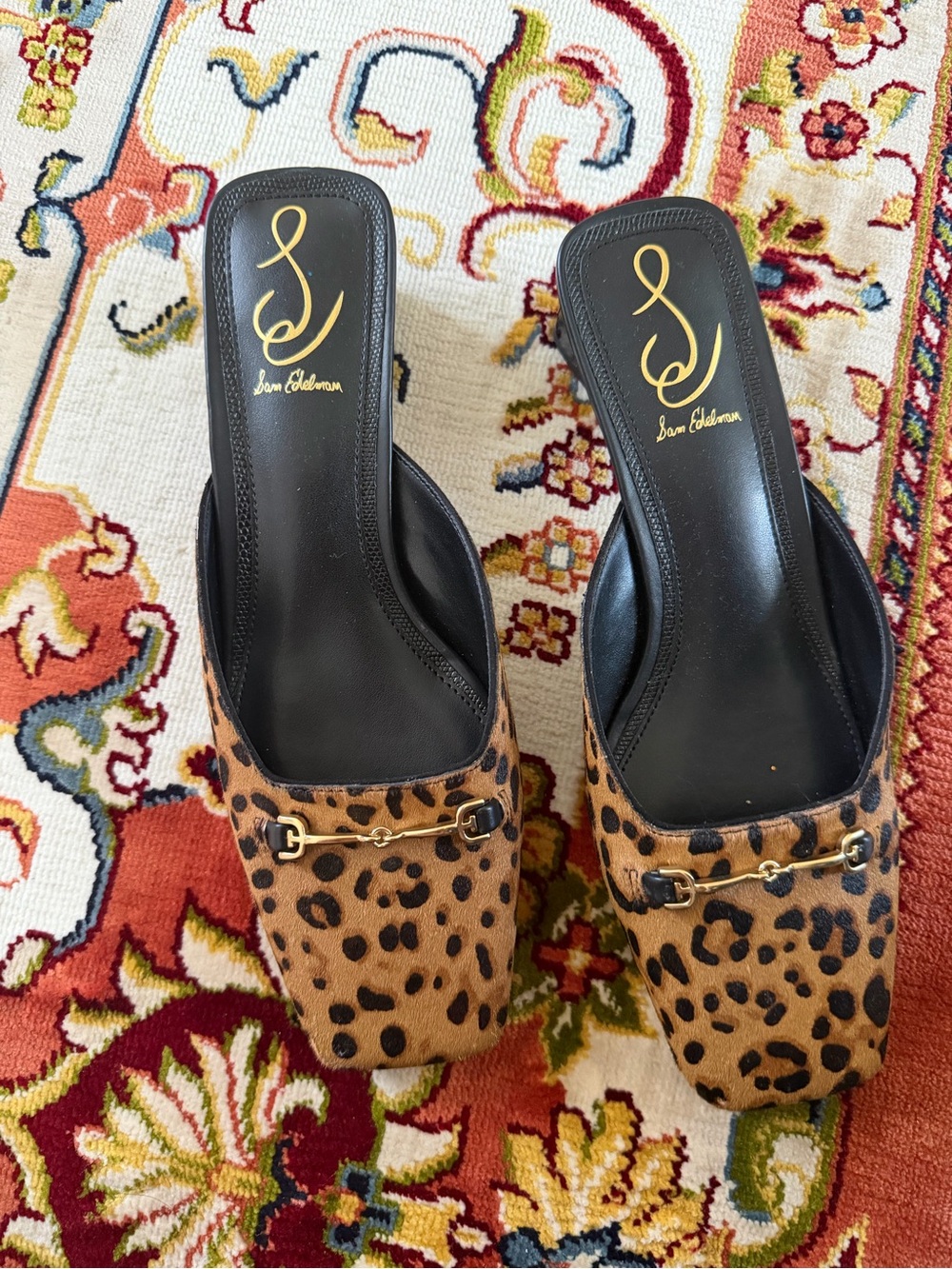 Sam Edelman Leopard-Print Square-Toe Mules with Gold Bit